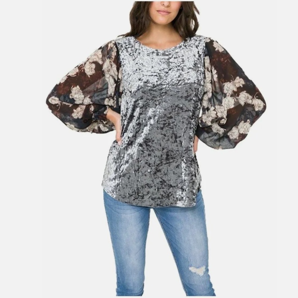Mystree -Print Chiffon Balloon Sleeve Crinkled Velvet Top - Pewter, NWT, Medium